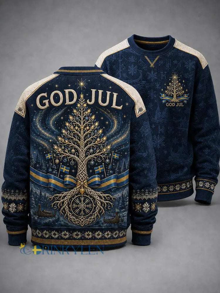 Herrtröja med svensk julprint rund hals och lång ärm - djupblåa / S