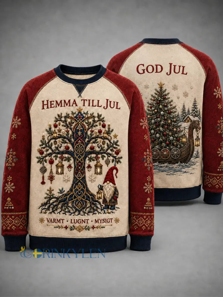 Herrtröja med svensk julprint rund hals och lång ärm - vinröd / S