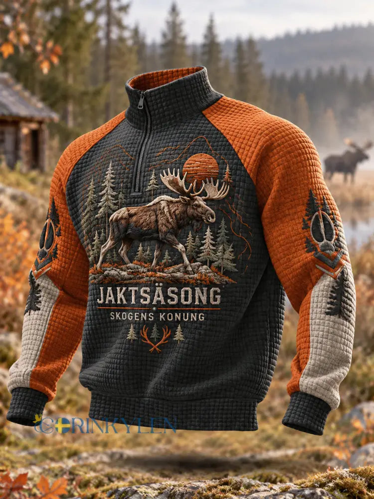 Herrtröja med svenskt älgjaktmönster avslappnad waffelmönstrad pullover med dragkedja - oräng / S