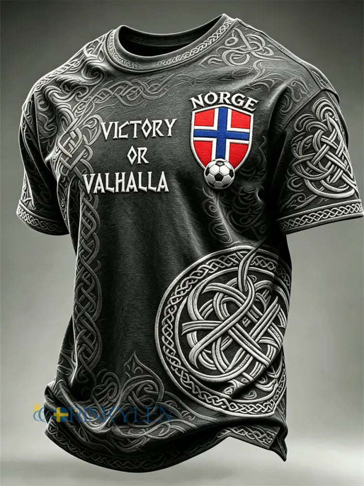 Herrtröja med tryck av Norges fotbollsseger eller Valhalla viking och keltisk knut kortärmad t-shirt - svart / S