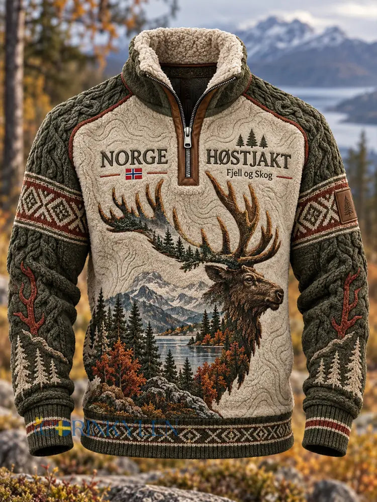 Herrtröja med tryck av norskt jaktsäsongmotiv ledig modell med ståkrage - A / S