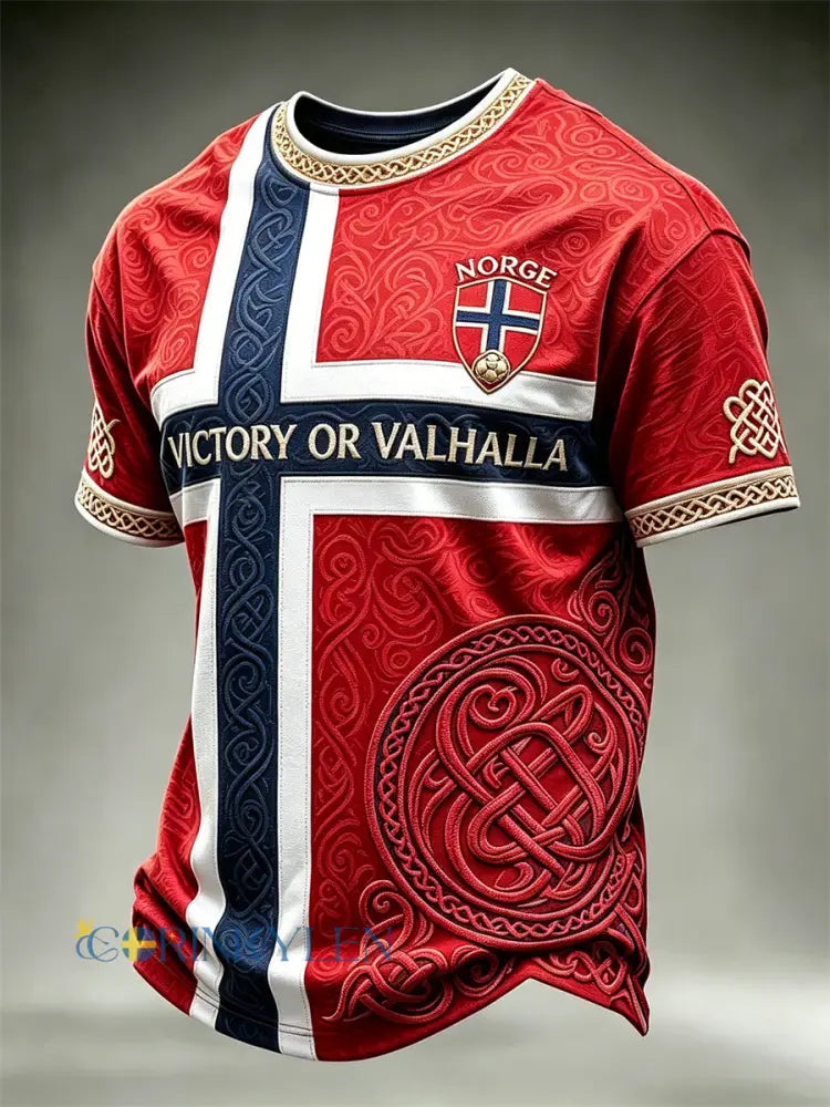 Herrtröja med tryck av seger eller Valhalla fotboll vikingar keltisk knut och norskt flaggtryck kortärmad t-shirt - röd