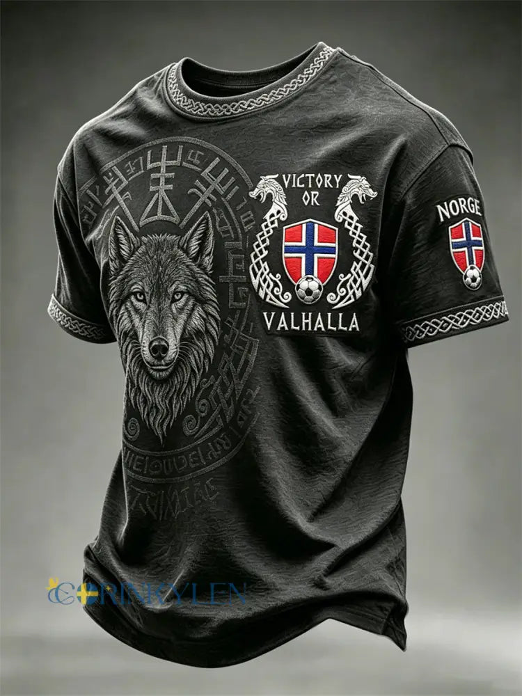 Herrtröja med tryck av Seger eller Valhalla Norge fotboll vikingar varg och vegvisir kortärmad t-shirt - svart / S