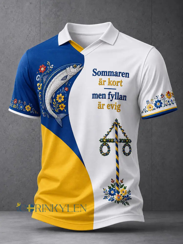 Herrtröja med V-ringning och konstnärlig print: Svensk midsommar- och nationaldagsminnesutgåva - A / S