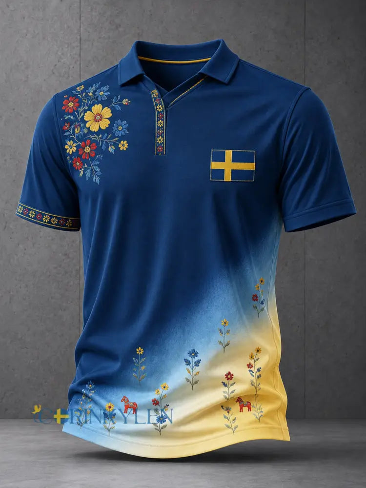 Herrtröja med V-ringning och konsttryck till minne av midsommardagen i Sverige - A / S