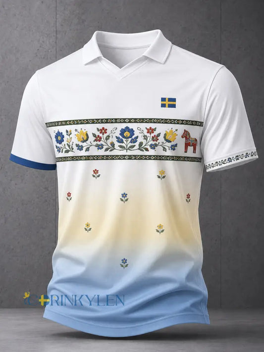 Herrtröja med V-ringning och konsttryck till minne av midsommardagen i Sverige - A / S