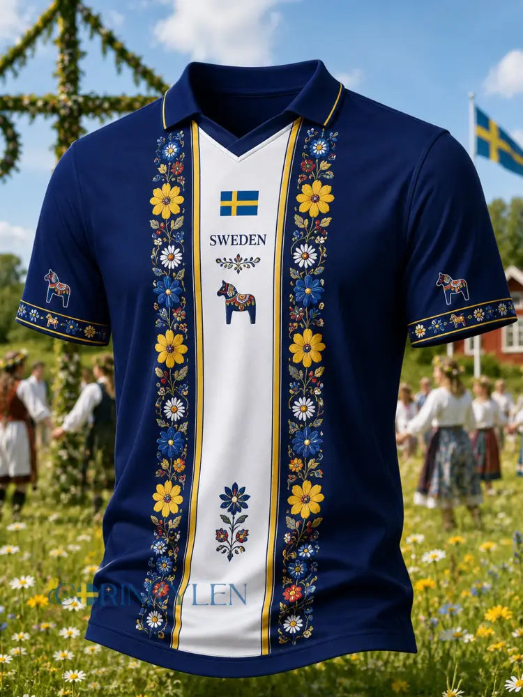 Herrtröja med V-ringning och konsttryck till minne av midsommardagen i Sverige - A / S