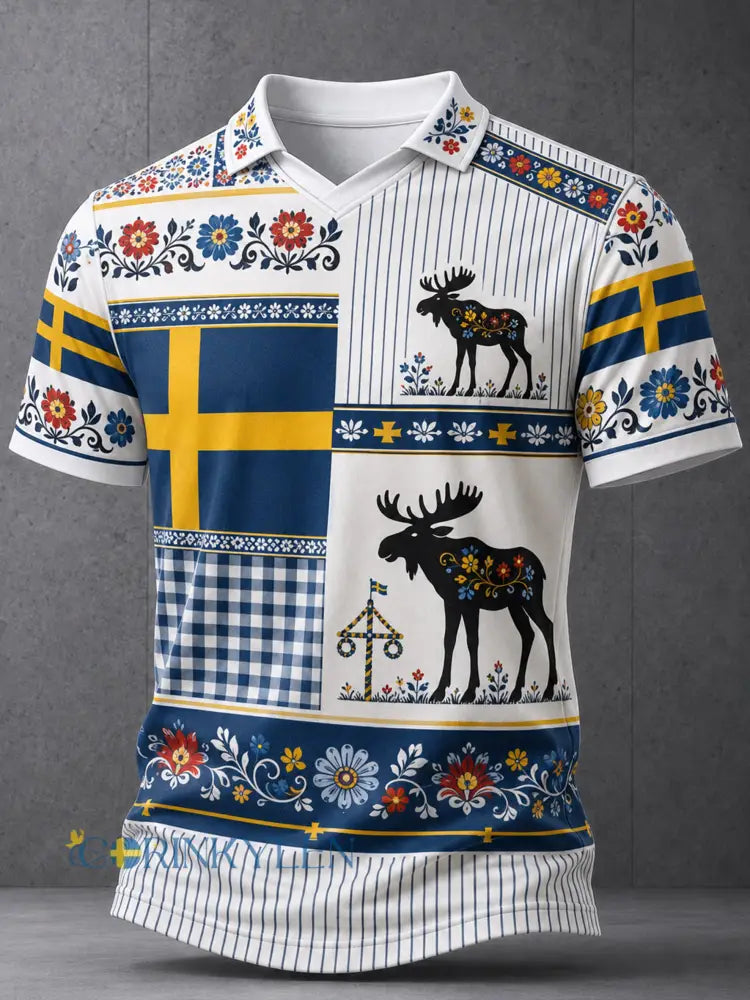 Herrtröja med V-ringning och konsttryck till minne av midsommardagen i Sverige - A / S