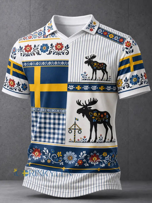 Herrtröja med V-ringning och konsttryck till minne av midsommardagen i Sverige - A / S
