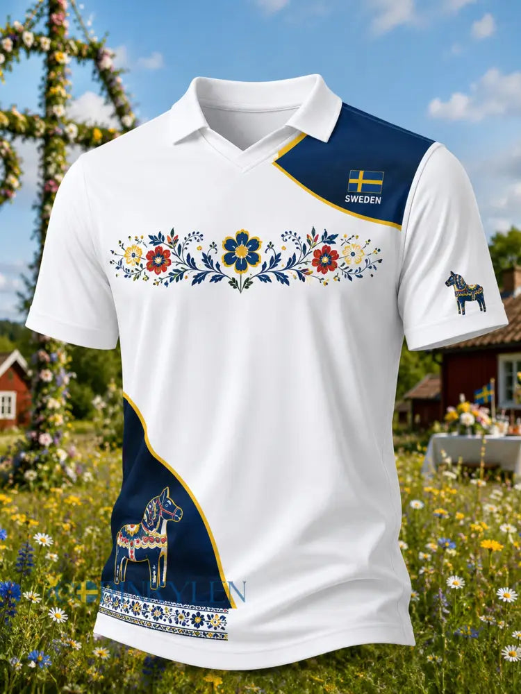 Herrtröja med V-ringning och konsttryck till minne av midsommardagen i Sverige - A / S