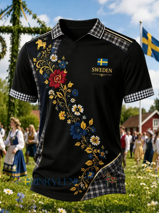 Herrtröja med V-ringning och konsttryck till minne av midsommardagen i Sverige - A / S