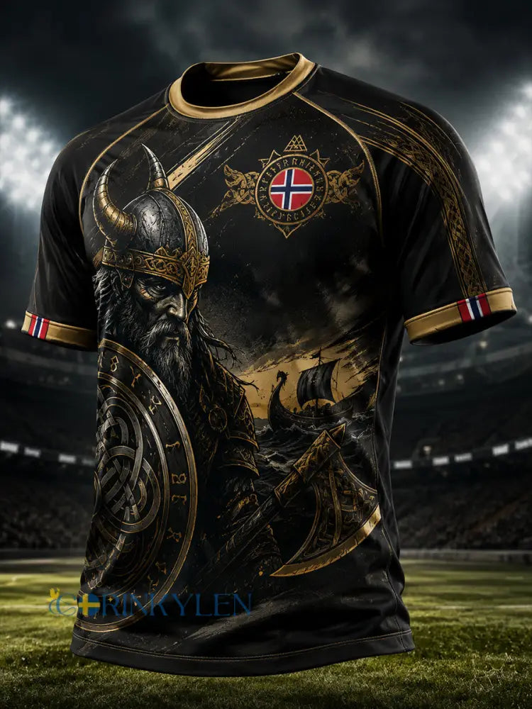 Herrtröja med vikinga- och fotbollsmotiv raglanmudd och korta ärmar - A / S