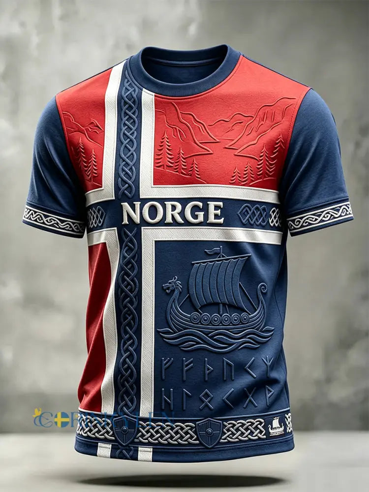 Herrtröja med vikingainspirerad konst keltiskt flaggmönster från Norge och korta ärmar - djupblåa / S