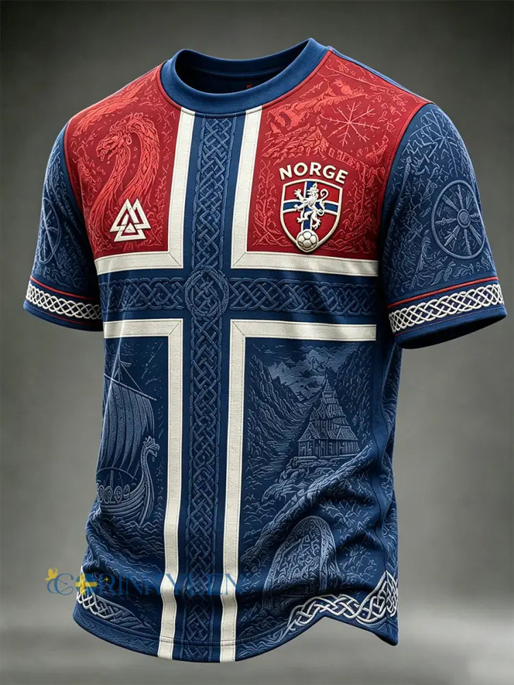 Herrtröja med vikingainspirerat mönster fotbollssupporter från Norge korta ärmarna - djupblåa / S