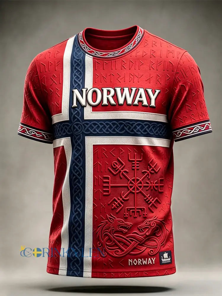 Herrtröja med vikingainspirerat mönster keltiskt och norskt flaggmotiv korta ärmar - röd / S