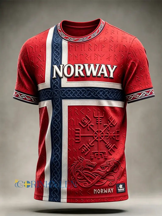 Herrtröja med vikingainspirerat mönster keltiskt och norskt flaggmotiv korta ärmar - röd / S