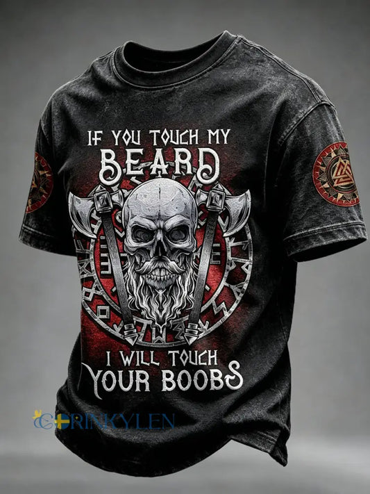 Herrviking T-shirt med korta ärmar och dödskallsmönster – “Om du rör min skägg” - svart / S