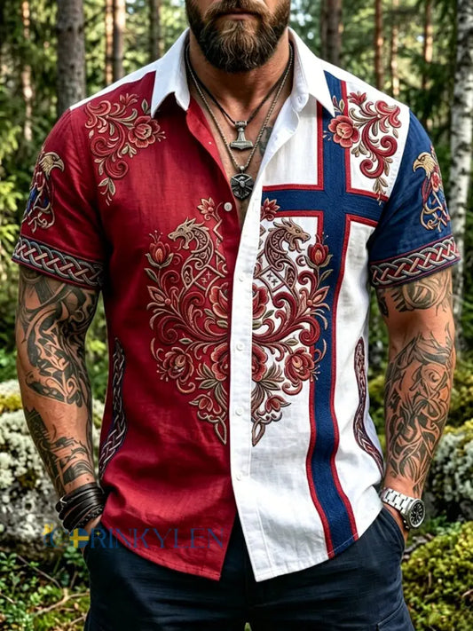 Herrvintage casual skjorta i patchwork med norsk mönster - som bild / S