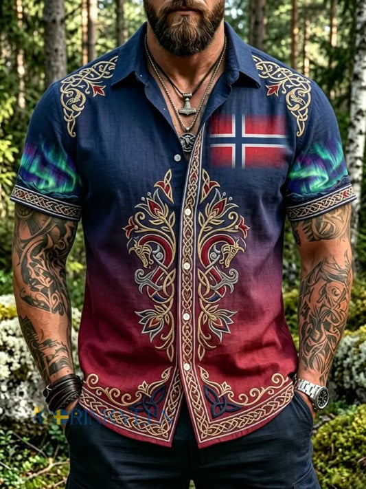 Herrvintage norsk aurorapatchworkartistisk fritidsskjorta - som bild / S