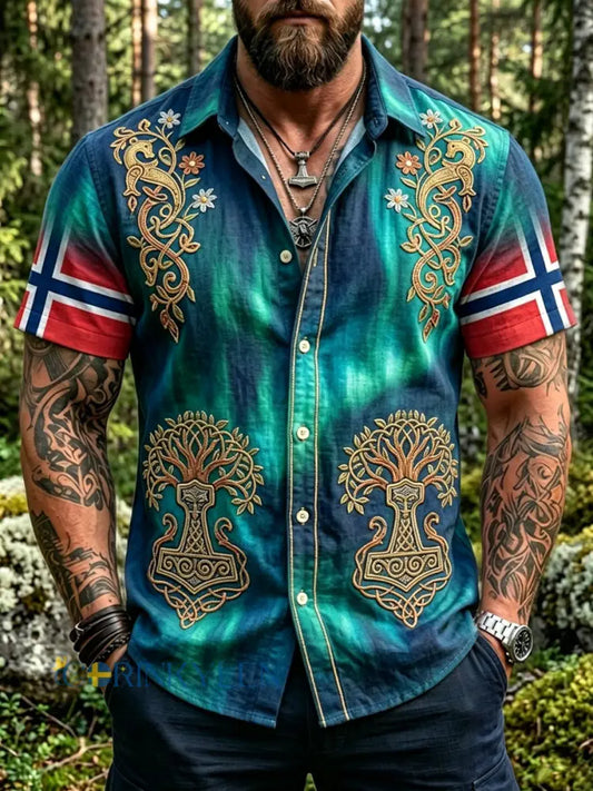 Herrvintage norsk skärmtröja med norrskentryck i patchworkstil - som bild / S