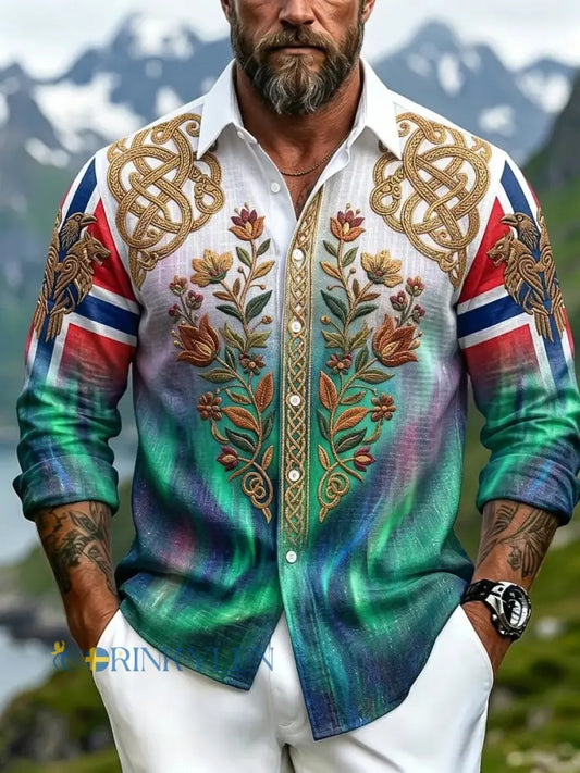 Herrvintage skjorta i patchwork med auroraprydnad avslappnad stil - som bild / S