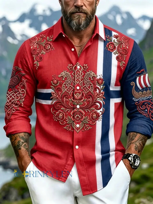 Herrvintage skjorta i patchwork med norsk print och konstnärlig stil ledig stil - som bild / S