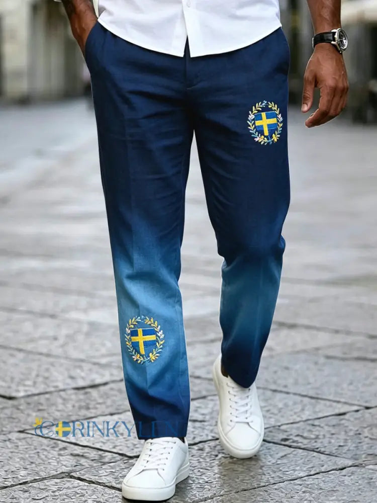 Herrvintage svensk midsommargraduerad bomull-linneslabb byxa - mörk blå / S