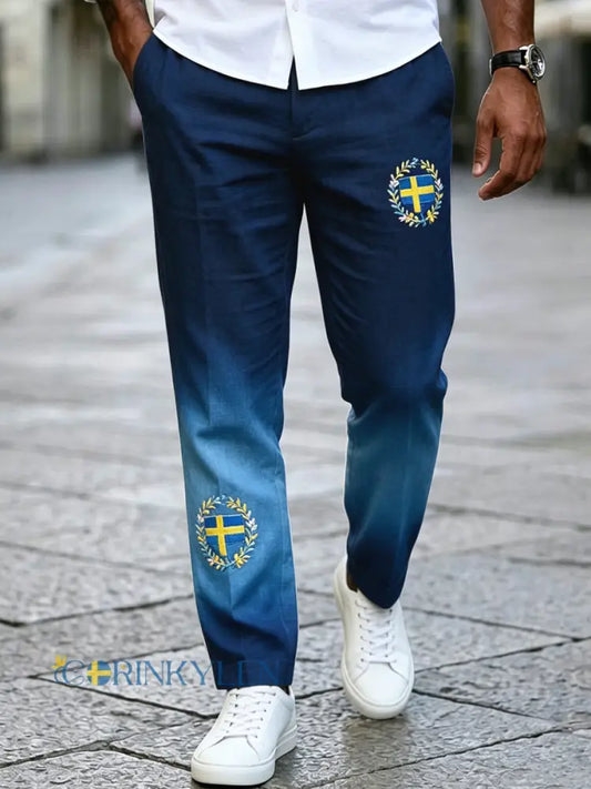 Herrvintage svensk midsommargraduerad bomull-linneslabb byxa - mörk blå / S