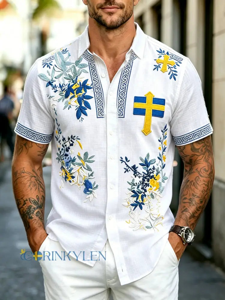 Herrvit svensk flagga blommig 3D-print avslappnad kortärmad skjorta - vitt / S