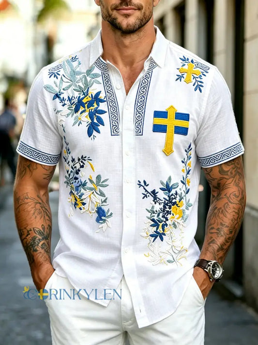 Herrvit svensk flagga blommig 3D-print avslappnad kortärmad skjorta - vitt / S