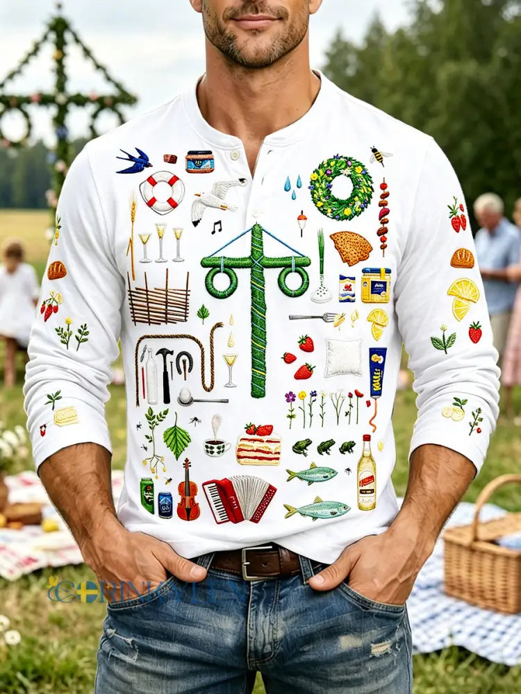 Herrvit svensk midsommar 3D-tryckt avslappnad henleyhalsad långärmad t-shirt - vitt / S