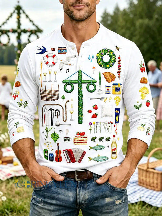 Herrvit svensk midsommar 3D-tryckt avslappnad henleyhalsad långärmad t-shirt - vitt / S