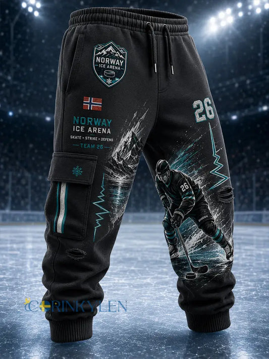 Idrottsbyxor med ishockeyinspirerad print för män - A / S