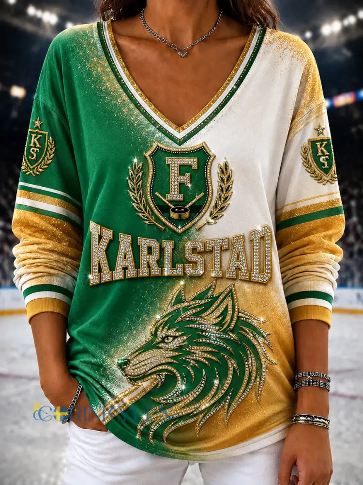 Karlstad Grönt hjärta Hockeyarv Gradient V-ringad T-shirt - som bild / S