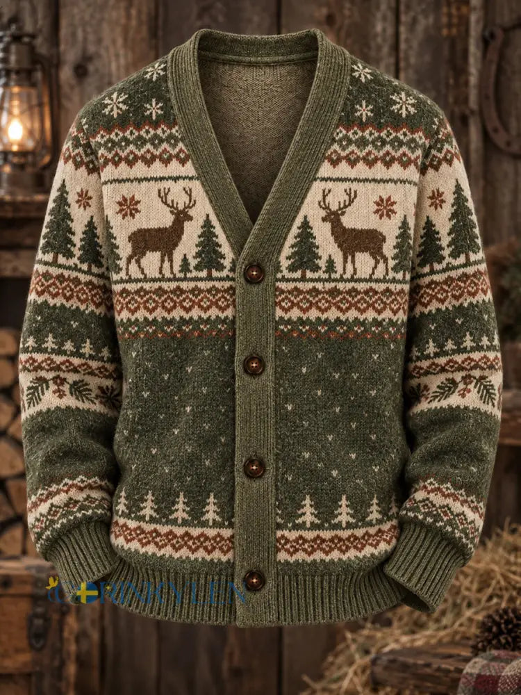 Kavajtröja för män i vintagestil med Fair Isle-mönster och renmotiv avslappnad stil - som bild / S