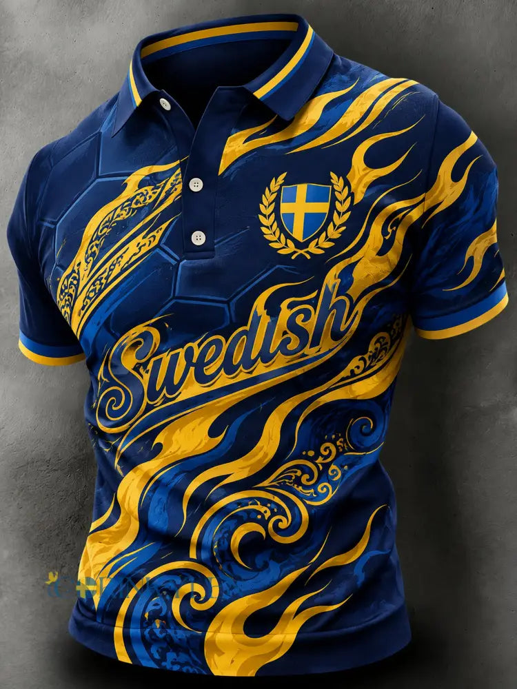 Konstnärlig polotröja för män med fotbollsmotiv och svensk tema - A / S