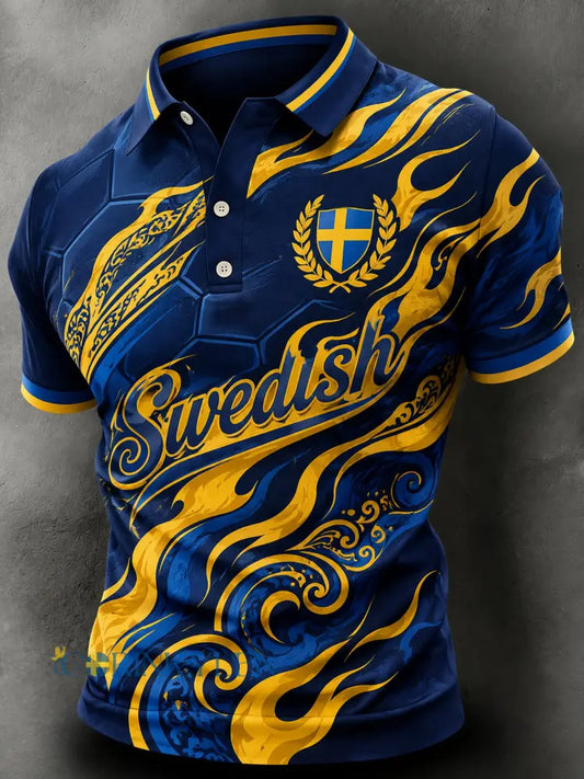 Konstnärlig polotröja för män med fotbollsmotiv och svensk tema - A / S