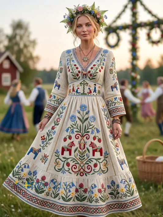 Kvinner Retro Svensk Midsommer Folk Floral Bomull-Lin Hodelse - Apricot / S