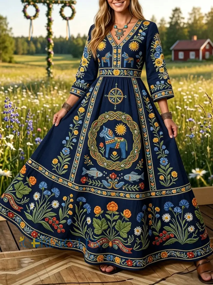 Kvinner Retro Svensk Midsommer Folk Floral Bomull-Lin Hodelse - blå farger / S