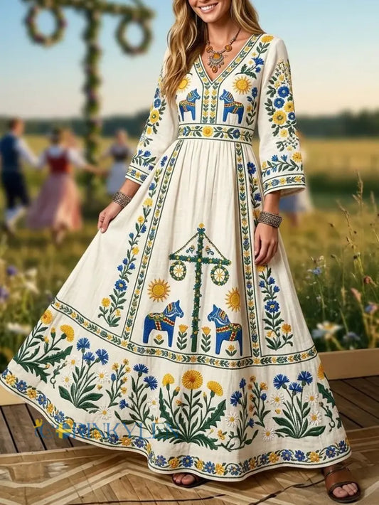 Kvinner Retro svenske midsommer folkeblomstrer bomullsline - Apricot / S