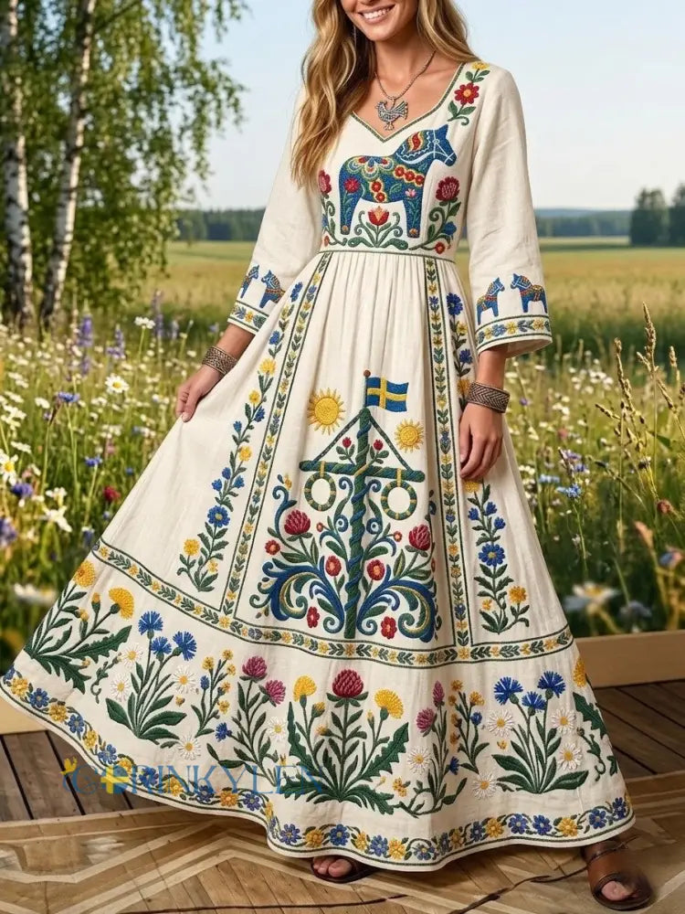 Kvinner Retro svenske midsommer folkeblomstrer bomullsline - Apricot / S