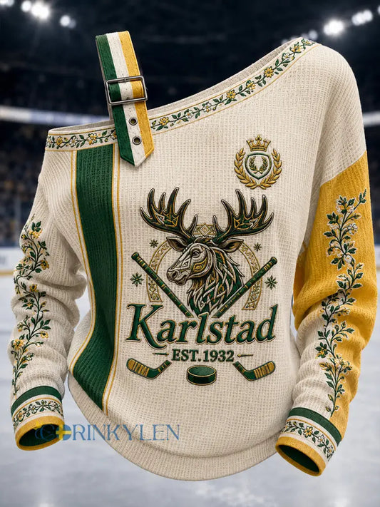 Kvinnlig Grönvitt Hockeyarv-vintagetröja med avslappnad off-shoulder-print - A / S