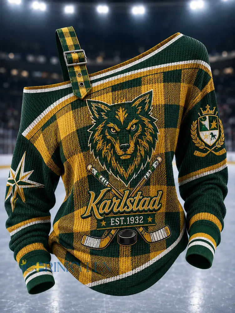 Kvinnlig Grönvitt Hockeyarv-vintagetröja med avslappnad off-shoulder-print - A / S
