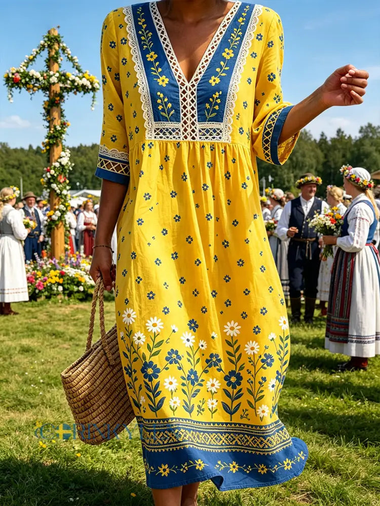 Kvinnlig ledig klänning med tryck på temat midsommarfest - A / S