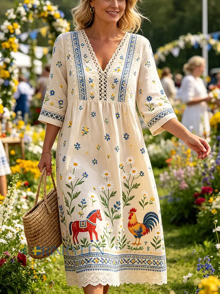 Kvinnlig ledig klänning med tryck på temat midsommarfest - A / S