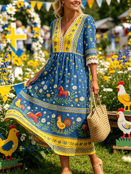 Kvinnlig ledig klänning med tryck på temat midsommarfest - A / S