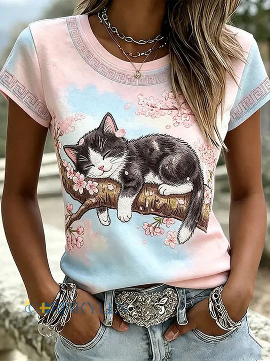 Kvinnlig ledig t-shirt med brodyr och tryck av katt och djur - som bild / S