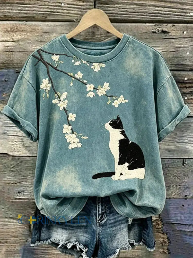 Kvinnlig ledig t-shirt med brodyr och tryck av katt och djur - som bild / S