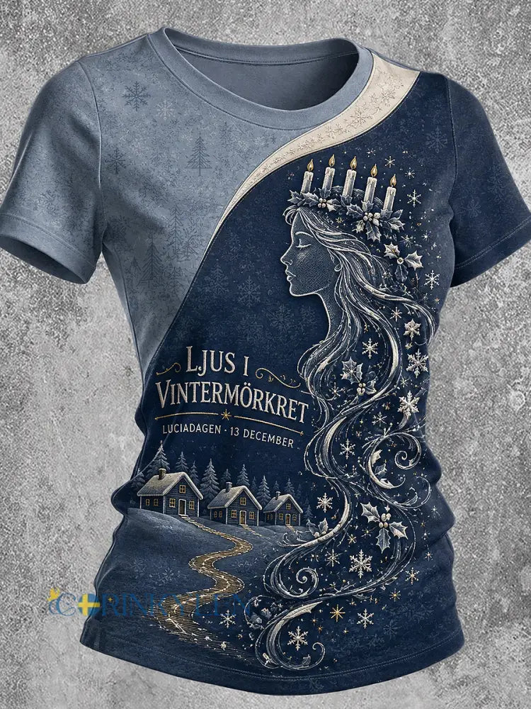 Kvinnlig lucialjusprintad vintage-mode lös t-shirt med kort ärm - vit- blå / S
