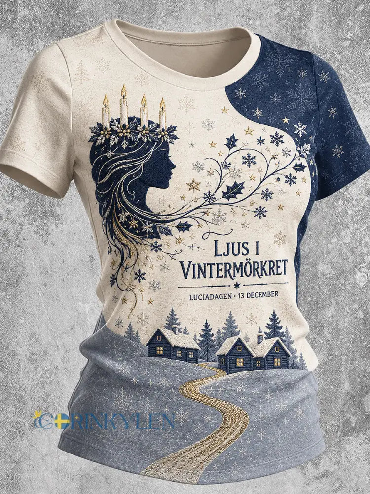 Kvinnlig lucialjusprintad vintage-mode lös t-shirt med kort ärm - vit- blå / S